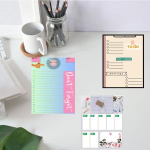 May include: A set of three printable planner pages with a pink, blue and green colour scheme. The pages include a daily to-do list, a weekly planner and a "Don't Forget" list.