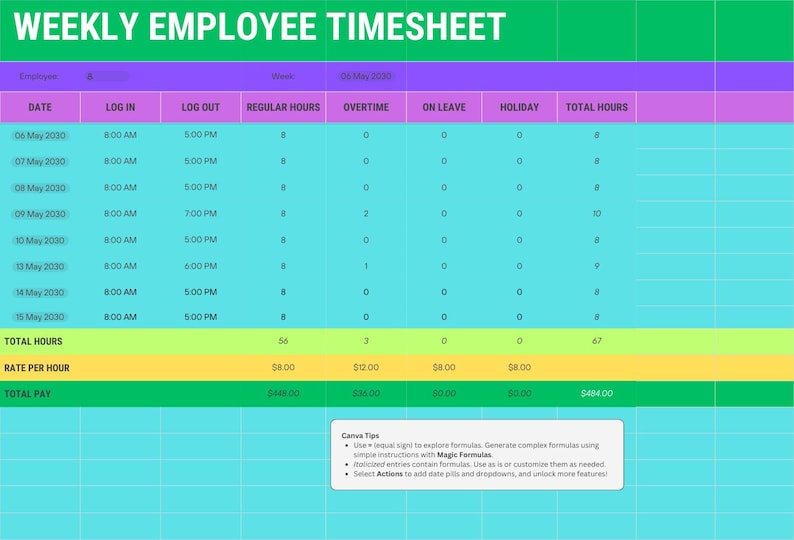 Total Week Timesheet WEEKLY EMPLOYEE TIMESHEET - Etsy