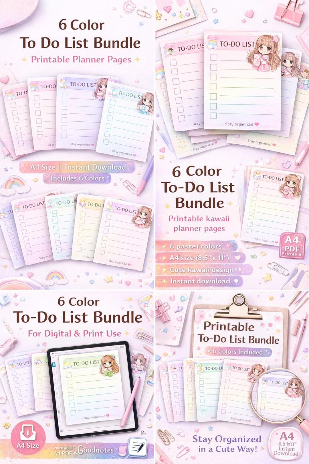 6 Color Kawaii To-do List Printable Bundle (A4 Instant Download) - Etsy