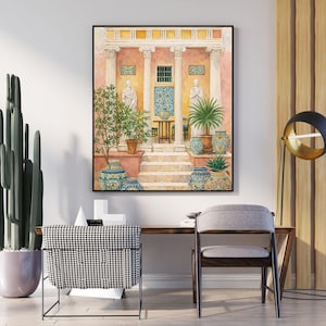 May include: A framed watercolour painting shows a classical architectural scene with columns, statues, and potted plants. The artwork features a colour palette of peach, yellow, and blue, with decorative vases and a small table. The painting is displayed above a wooden desk.