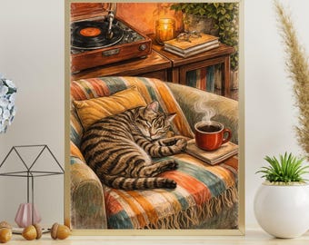 May include: A framed print depicts a cozy scene with a sleeping tabby cat on a striped blanket in a comfortable armchair. A record player, candle, and a cup of coffee are also visible, creating a warm and inviting atmosphere. The artwork is framed in a gold-colored frame.