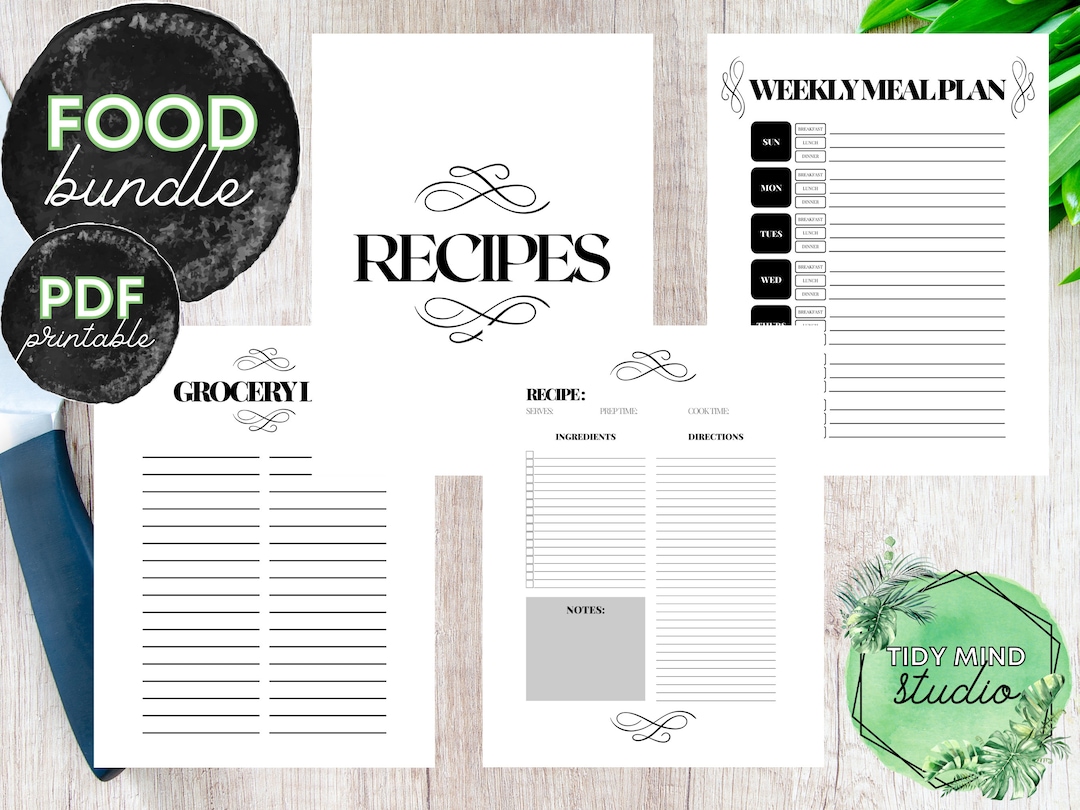 Printable Food Prep &amp; Recipe Bundle W/ Recipe Book Cover Pages, Grocery List, Meal Planner ...