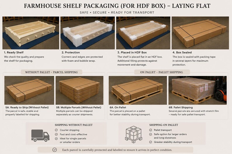 Puede incluir: Un gr&aacute;fico instructivo titulado FARMHOUSE SHELF PACKAGING (FOR HDF BOX) - LAYING FLAT. Muestra el proceso de embalaje de un estante de madera para su transporte, incluyendo protecci&oacute;n de esquinas con espuma, encajado y paletizaci&oacute;n.
