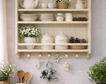Estante de pared estilo granja para platos – Estante de cocina rústico de madera de pino para platos y tazas – Organizador de pared color crema