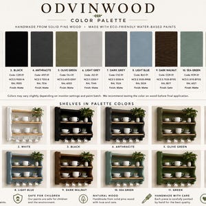 Puede incluir: Paleta de colores ODVINWOOD que muestra doce opciones de pintura que incluyen crema, blanco, negro, antracita, verde oliva, gris claro, gris oscuro, azul claro, nogal oscuro, verde mar, verde y azul, junto a doce estantes de madera.