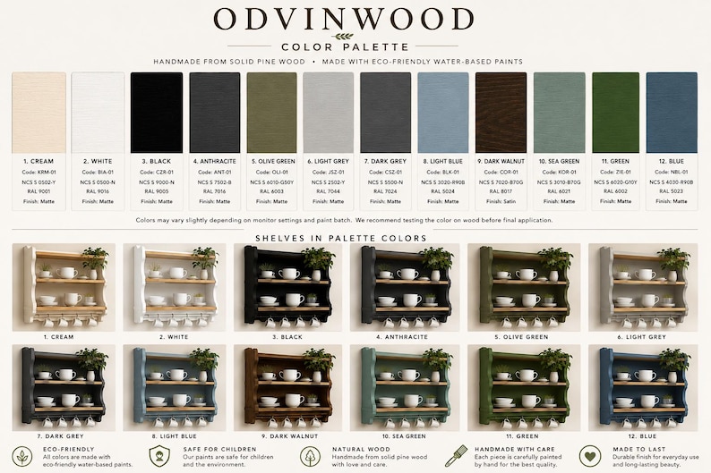 Puede incluir: Paleta de colores ODVINWOOD que muestra doce opciones de pintura que incluyen crema, blanco, negro, antracita, verde oliva, gris claro, gris oscuro, azul claro, nogal oscuro, verde mar, verde y azul, junto a doce estantes de madera.