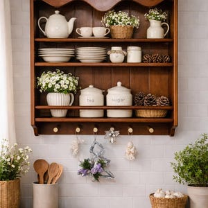 Ash wood wall shelf in dark walnut finish with towel rail, styled with kitchen decor in a farmhouse interior.
