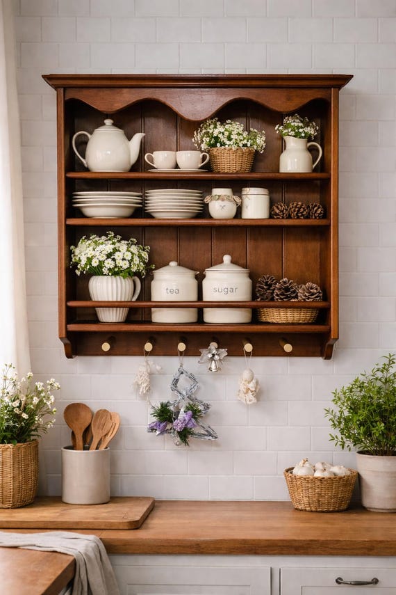 Farmhouse Wall Shelf for Plates and Mugs, Dark Walnut Pine Wood Shelf, Handmade Rustic Kitchen Storage