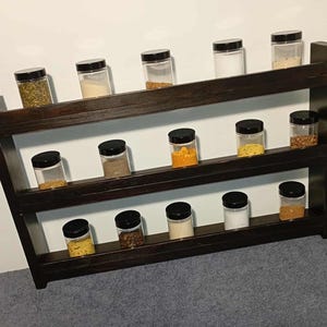 Handmade Rustic Wooden Spice Rack – Solid Pine Shelf in Venge Finish, 3-Tier Wall Mounted or Countertop Kitchen Organizer
