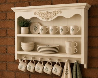 Estantería de pared estilo casa de campo | Estante para platos de madera hecho a mano | Soporte para tazas | Estantería de cocina rústica | Pino macizo | Estantería de 1, 2 o 3 niveles