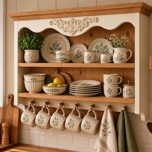 Farmhouse Kitchen Wall Shelf, Rustic Wooden Plate Rack, Cream & Natural Wood Shelf, 2 Tier Spice Rack, Country Kitchen Decor, 6 Peg Hooks