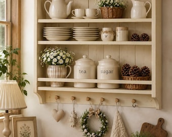 Estante de pared de madera para platos – Estante de cocina estilo rústico para platos y tazas – Organizador de exhibición de madera de pino rústica – Acabado crema