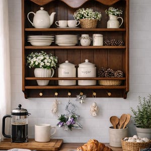 Puede incluir: Una estanter&iacute;a de pared de madera oscura con tres niveles, que contiene teteras, cuencos, botes de cer&aacute;mica blanca con las etiquetas tea y sugar, y pi&ntilde;as decorativas. La parte inferior tiene ganchos de lat&oacute;n con adornos y decoraciones.