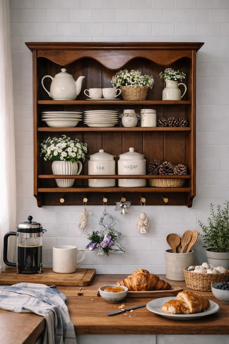 Puede incluir: Una estanter&iacute;a de pared de madera oscura con tres niveles, que contiene teteras, cuencos, botes de cer&aacute;mica blanca con las etiquetas tea y sugar, y pi&ntilde;as decorativas. La parte inferior tiene ganchos de lat&oacute;n con adornos y decoraciones.