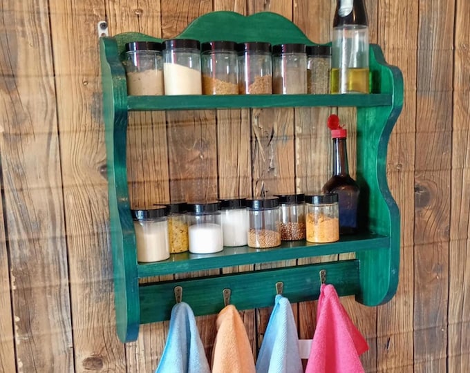 Wooden spice rack Kitchen shelf Towel rack Green color