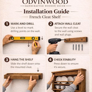 Puede incluir: Una gu&iacute;a de instalaci&oacute;n para un estante de madera Odvinwood con sistema de fijaci&oacute;n de list&oacute;n franc&eacute;s. La infograf&iacute;a muestra cuatro pasos: marcar la pared con un nivel, fijar el list&oacute;n con un taladro, colocar el estante y verificar estabilidad.
