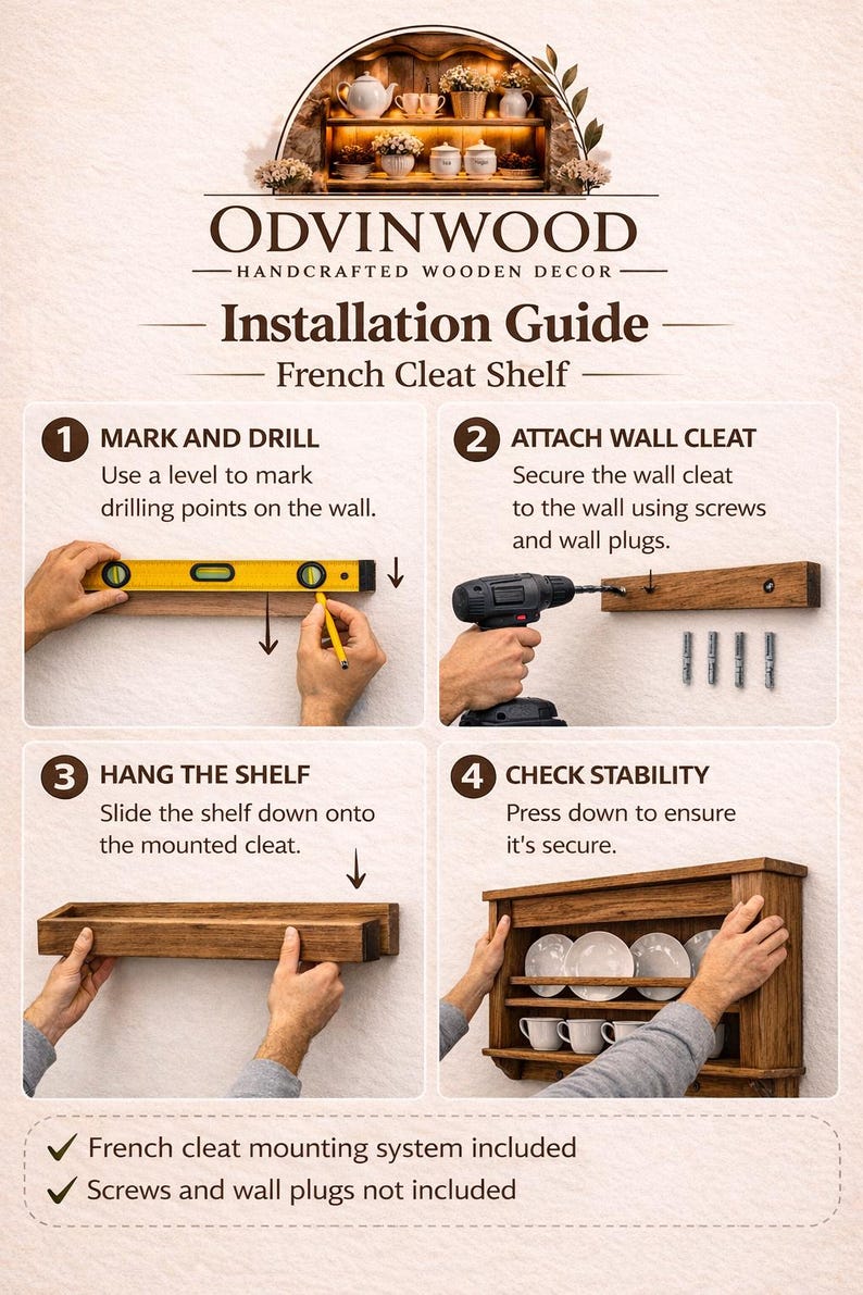 Puede incluir: Una gu&iacute;a de instalaci&oacute;n para un estante de madera Odvinwood con sistema de fijaci&oacute;n de list&oacute;n franc&eacute;s. La infograf&iacute;a muestra cuatro pasos: marcar la pared con un nivel, fijar el list&oacute;n con un taladro, colocar el estante y verificar estabilidad.