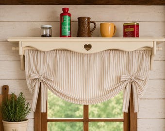 Estantería rústica para ventana con barra para cortinas | Estantería de madera rústica para cortinas de café | Estantería de pino hecha a mano | Decoración de cocina rústica