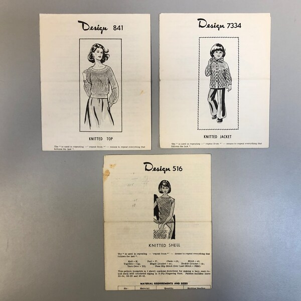 3 Vtg Mail Order Knitting Patterns, Design 516, 721, 7450, Knitting Design Co Paper Patterns, Girls Jacket, Ladies Shell, Knitted Sweater.