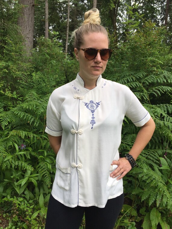 Vintage 40s Japanese Tunic Top, Rayon Asian Kimono