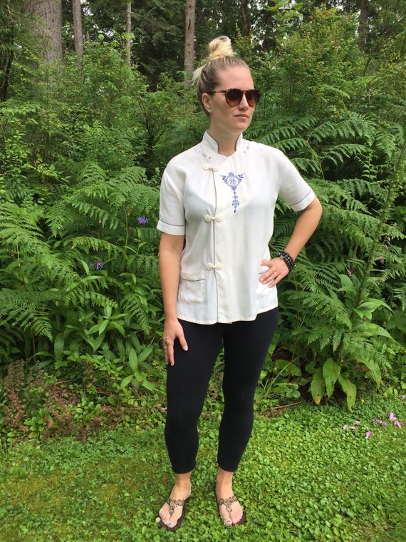 Vintage 40s Japanese Tunic Top, Rayon Asian Kimono