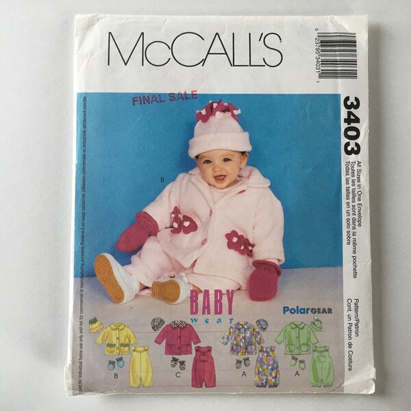 McCall’s 3403, Baby Outerwear Coordinates, Polar Fleece Baby Coat, Infant Jumpsuit, Fleece Jacket, Hat, Mittens, UNCUT, Baby Winter Wear