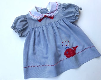 Baby/Toddlers Dress, Retro 90s Summer Dress, Blue/White Pin Stripe, Whale Applique, Sz 18 mths