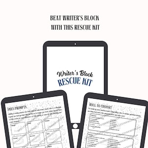 Puede incluir: Tres tabletas digitales que muestran un "Kit de rescate para el bloqueo del escritor". Las tabletas presentan indicaciones de escritura e inicios de historias para ayudar a los escritores a superar los bloqueos creativos. El texto incluye "Daily Prompts" y "Roll to Choose!"