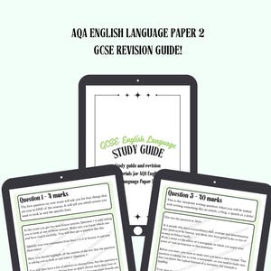 Könnte beinhalten: Drei digitale Tablets mit Inhalten des Studienführers für die AQA English Language Paper 2 GCSE-Revision. Die Tablets zeigen Text und Diagramme, mit dem Titel "GCSE English Language Study Guide".