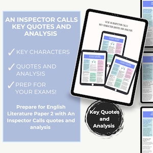 May include: Digital study guides for "An Inspector Calls" are shown on tablets. The guides feature key quotes, analysis, and character information. The text includes "Key Characters," "Quotes and Analysis," and "Prep for Your Exams!"