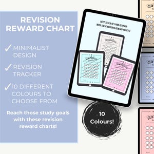 May include: Digital revision reward charts in various colors, including pink, blue, and beige. The charts are displayed on tablets and printed on paper. Text on the image reads "Revision Reward Chart" and "10 Colours!"