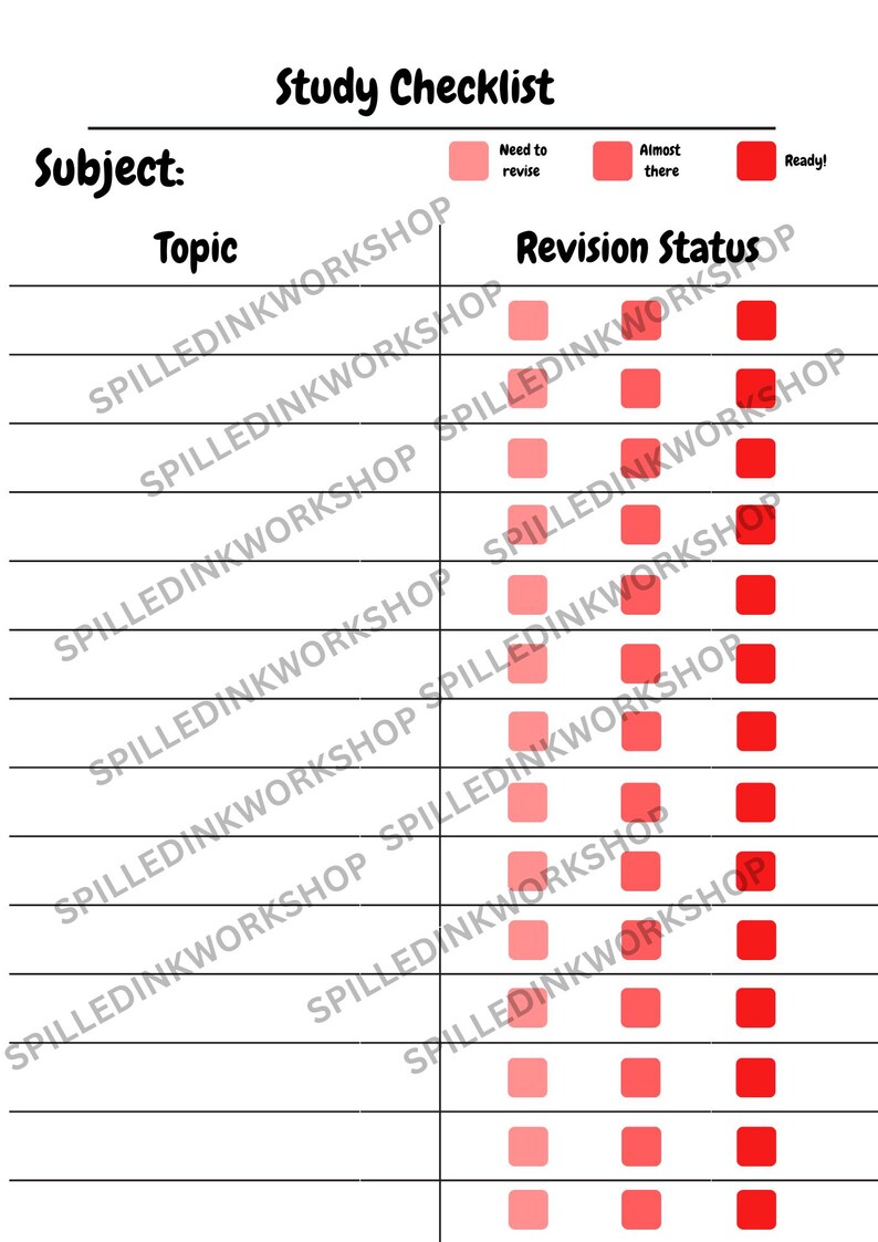 Study Revision Checklist Printable – Subject Tracker, Exam Prep ...