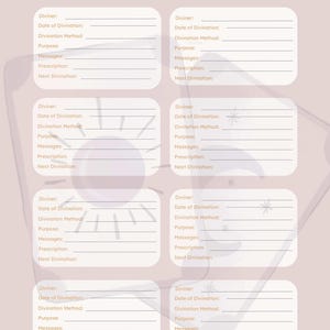 Op de afbeelding: Een lichtpaarse Divination Tracker print met acht secties voor het vastleggen van waarzeggerij details. Elke sectie bevat velden voor de waarzegger, datum, methode, doel, berichten, voorschrift en volgende waarzeggerij. De titel "Divination Tracker" staat bovenaan.