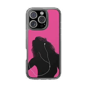 Könnte beinhalten: Transparente Handyhülle mit pinkfarbenem Hintergrund, die eine schwarze Silhouette einer Person mit Kopfhörern zeigt. Die Handyhülle hat ein Kameramodul mit drei Linsen und einem Blitz.