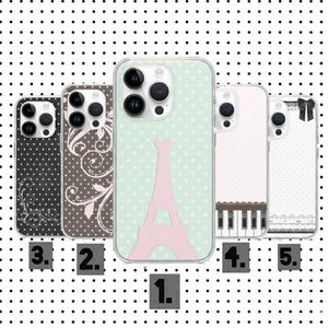 Könnte beinhalten: Fünf Handyhüllen mit verschiedenen Designs. Die Designs umfassen ein schwarzes Polka-Dot-Design, ein braunes Blumenmuster, eine hellgrüne Hülle mit einem rosa Eiffelturm, eine Klaviatur und eine weiße Hülle mit einer schwarzen Schleife.