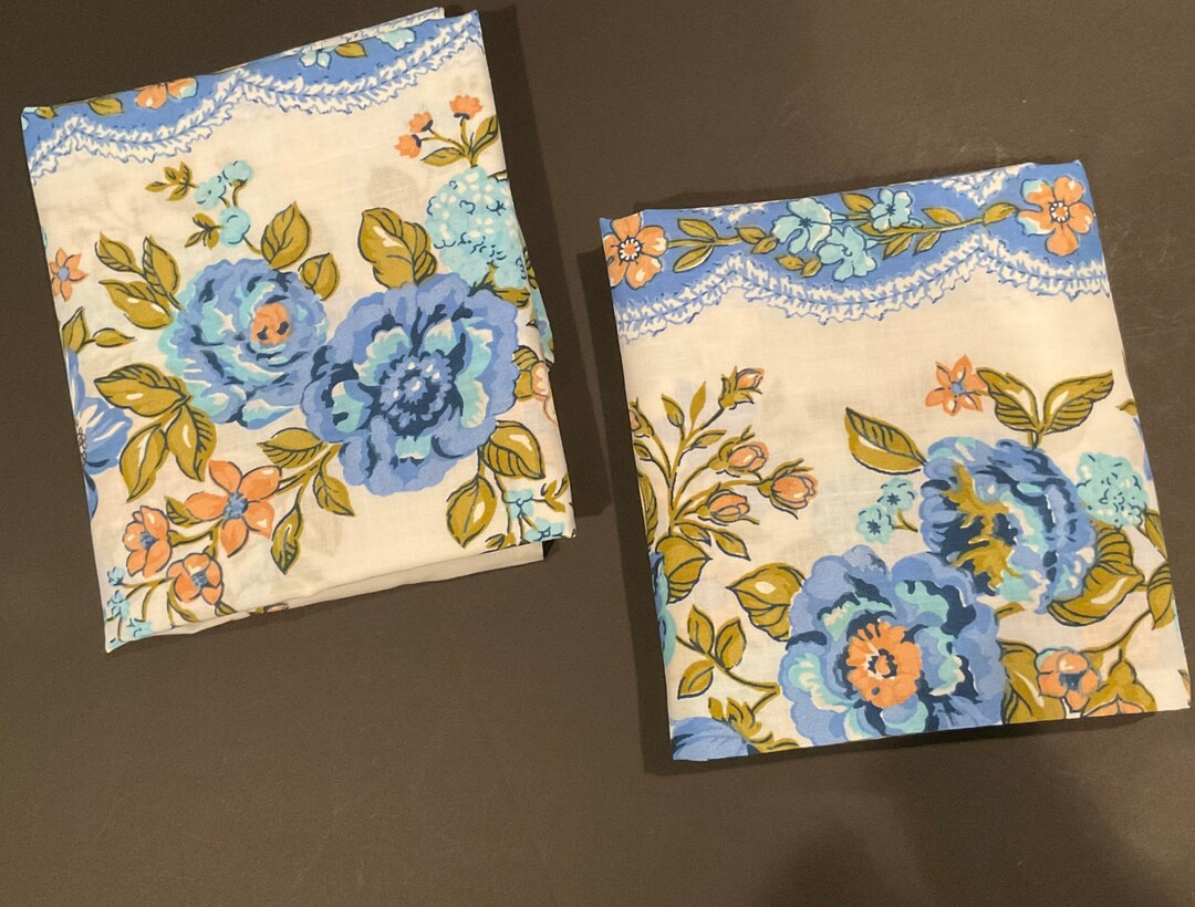 Vintage Set of Wabasso Standard Pillowcases Blue & Orange Floral / NOS
