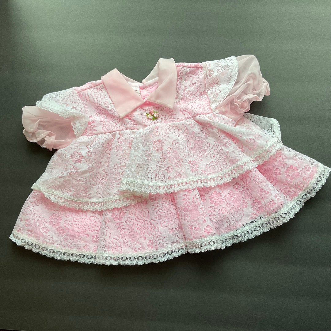 Vintage Baby Girl Dress / Pink & White Lace Baby Girls Dress / Size 12