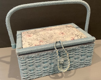 Vintage Blue Sewing Basket With Floral Tapestry  /Interior Plastic Tray/ Eaton's Of Canada Free Shipping