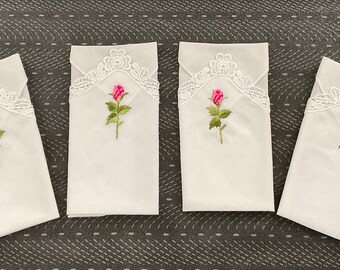 Four Vintage Cotton Embroidered Boxed  Hankies / Embroidered Rosebud Handkerchiefs