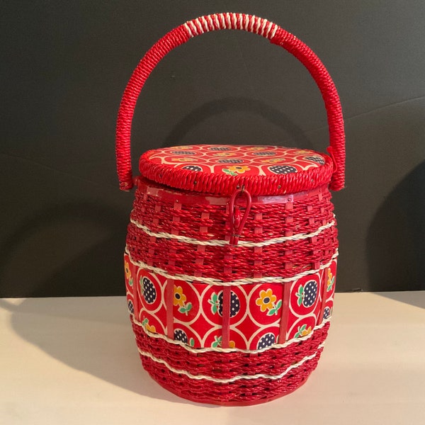 Red Round Wicker Sewing Basket With Flower Motif / Vintage Decor / Storage