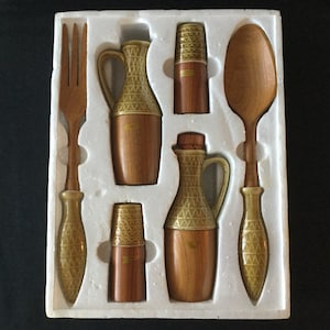 Vintage Modern Mid Century Continental Table Serving Set Natural Grained Wood Combination With Ceramic , Salad Set