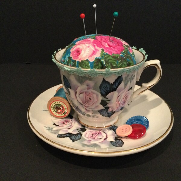 Vintage Bone China Tea Cup & Saucer Pin Cushion ,Sewing Room