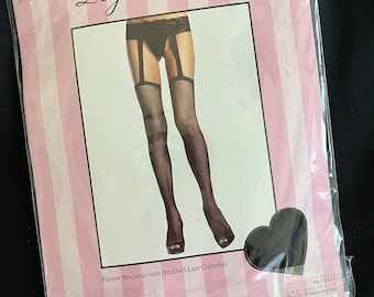 Vintage New in Package Leg Avenue Fishnet Stockings with Attached Lace Garter Belt / One Size 90-160 Lbs