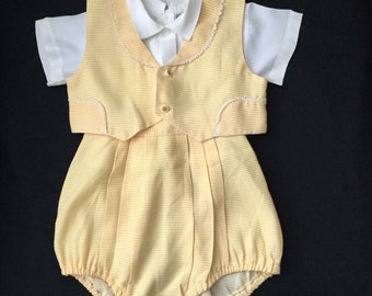 Vintage Little Angel Baby Boy 3 Piece Yellow Gingham Romper Set / FREE SHIPPING