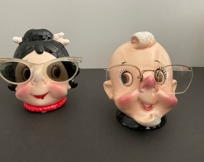 Vintage Japan Ceramic Eye Glass Holders / Man and Lady Eyeglass Holder
