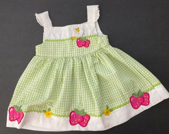 Vintage Youngland Lime Green Seersucker Baby Dress , Strawberry Dress / 12 Month Gingham Dress/ Free Shipping