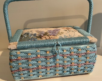 Vintage Blue Sewing Basket With Floral Tapestry/Plastic Tray / Made In Korea