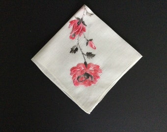 Vintage White Fine Cotton Pink Embroidered Handkerchief  9.5” x 9.5”