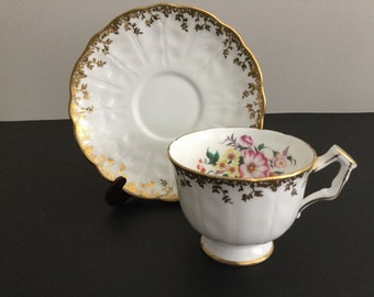 Vintage Aynsley Tea Cup and Saucer ,White and Gold Teacup and Saucer ,Pink Floral Bone China