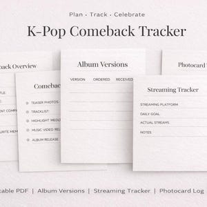 Może przedstawiać: Zestaw białych arkuszy papieru z tekstem, w tym "K-Pop Comeback Tracker", "Comeback Overview" i "Streaming Tracker". Złoty długopis i mały metalowy klips znajdują się po prawej stronie. Tematem jest planowanie i śledzenie.